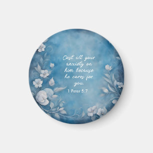 1 Petrus 5:7 ”Kasta All Din Oro” Blå Blommig Magnet