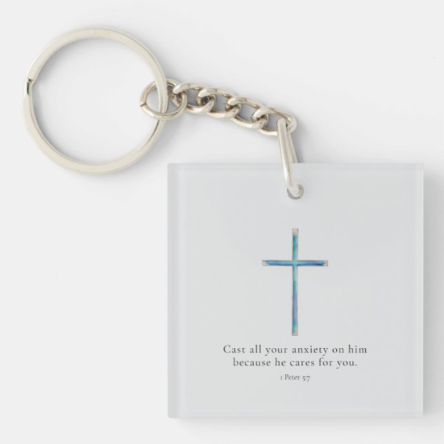 1 Petrus 5:7 Minimalistisk Nyckelring med Kors (Framsidan)