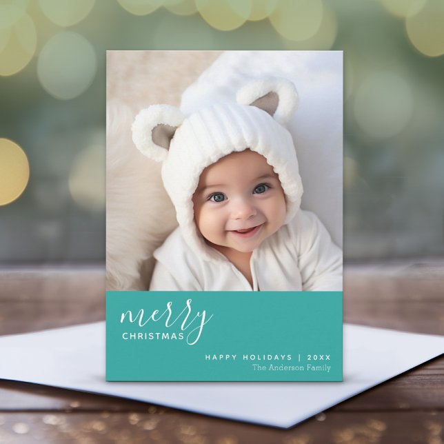 1 Photo Collage Minimal God jul - blått Julkort (Whimsical Christmas Card with 1 Photo - Print and Download Options Available)