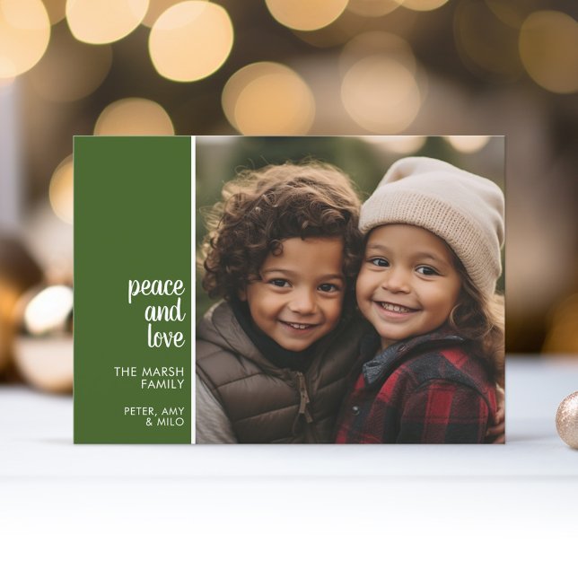1 Photo Collage Minimal jul grönt peace kärlek Julkort (1 Photo Modern Christmas Card - mod Calligraphy - green background - download option available)