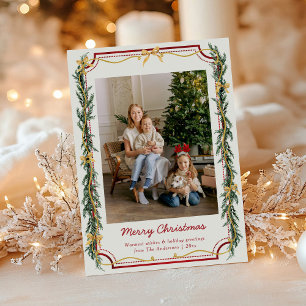 1 Photo Cute Botanical Jul Foliage Guld Bows Julkort
