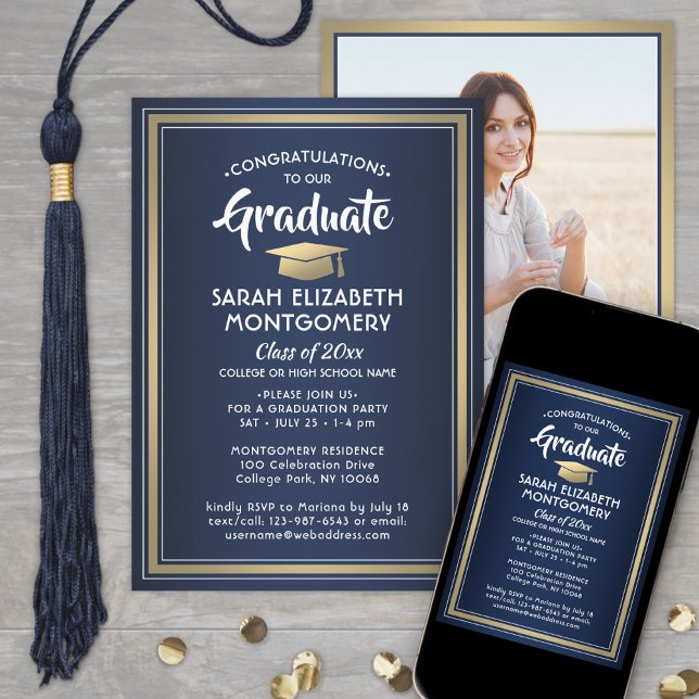 1 Photo Elegant Navy Blue Guld & White Studenten Inbjudningar (Skapare uppladdad)