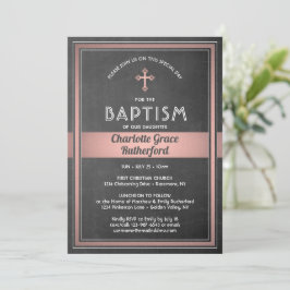 1 Photo Girl Baptism Chalkboard och Rosa ros Guld Inbjudningar