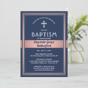 1 Photo Girl Baptism Navy Blue och Rosa ros Guld Inbjudningar