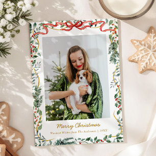 1 Photo Jul Lush Winter Greenery & Red Bow Julkort