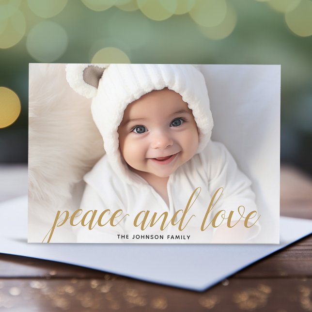 1 Photo jul Script Guld Damask Peace Julkort (Add 1 photo to this Online Christmas Card - A full photo with a modern script overlay.)