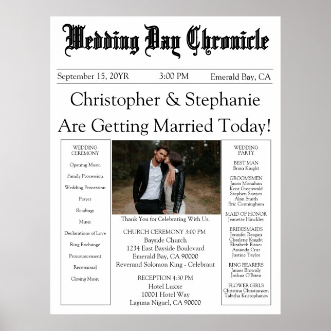 1 Photo QR Code Elegant Newspaper Wedding Program Poster (Framsidan)
