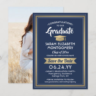 1 Photo Studenten Elegant Navy Blue White & Guld Spara Datumet
