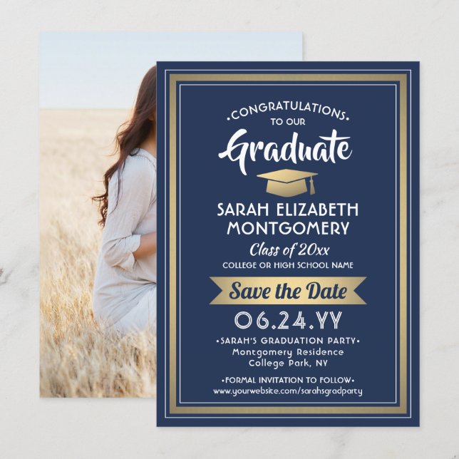 1 Photo Studenten Elegant Navy Blue White & Guld Spara Datumet (Fram/baksida)