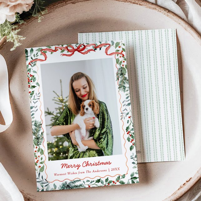 1 Photo Whimsical jul Greenery Coquette Bow Julkort (Skapare uppladdad)