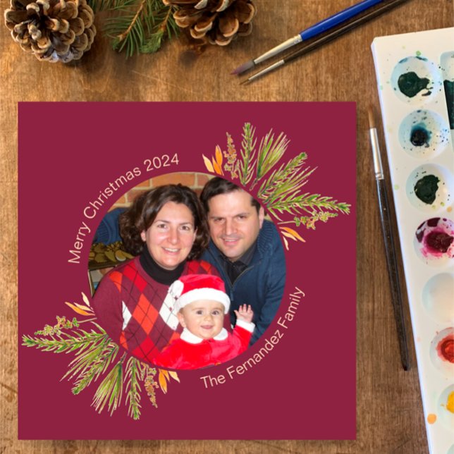 1 Runda fotopatfärgskript för Religiösan Gräs Julkort (Hand painted watercolor template for your Christmas holiday photo greeting card. Custom Bible Verse)