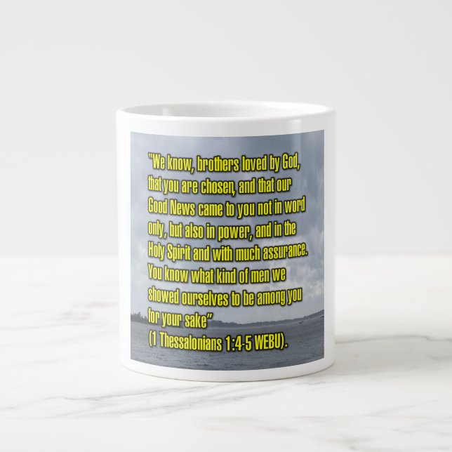 1 Thessalonikerbrevet 1:4-5 WEBU Mugg Jumbo Mugg (Framsidan)