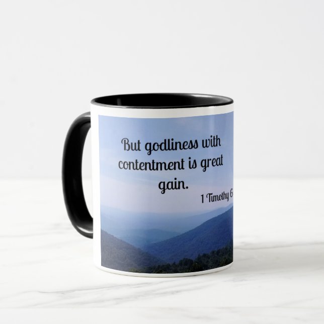 1 Timothy 6:6 Men gudstjänstlighet med innehåll är Mugg (Framsida vänster)