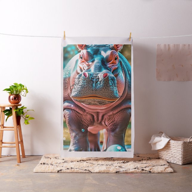 1 Yard Whimsical Hippo Turkos Blue Rosa Tyg (In Situ)