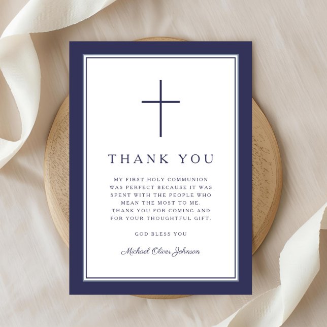 1Elegant Navy Blue Cross Boy First Communion Tack Kort (Elegant Navy Blue Cross Boy First Communion Thank You Card)