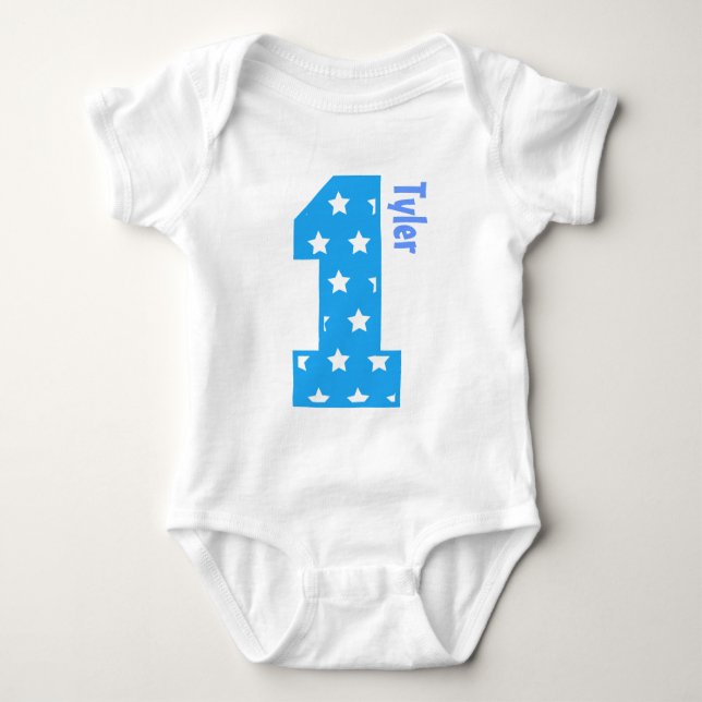 1st Baby blue stjärnor för födelsedag ett årigt T-shirt (Framsida)