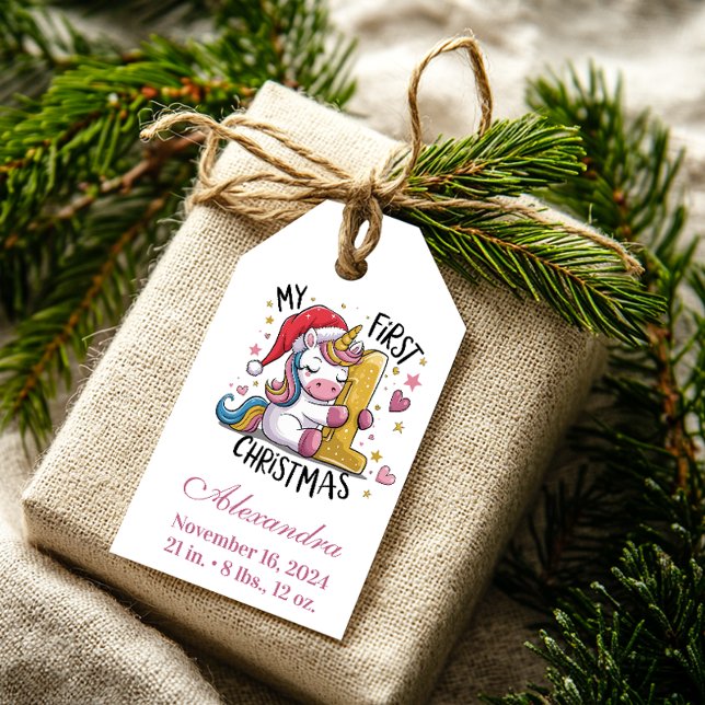 1st Baby Christmas  Pink Gold Unicorn Presentetikett (Skapare uppladdad)
