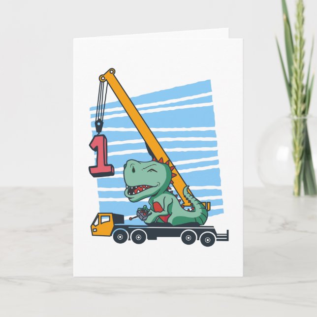 1st Birthday 1 year Mobile Crane Dinosaur Kort (Framsida)