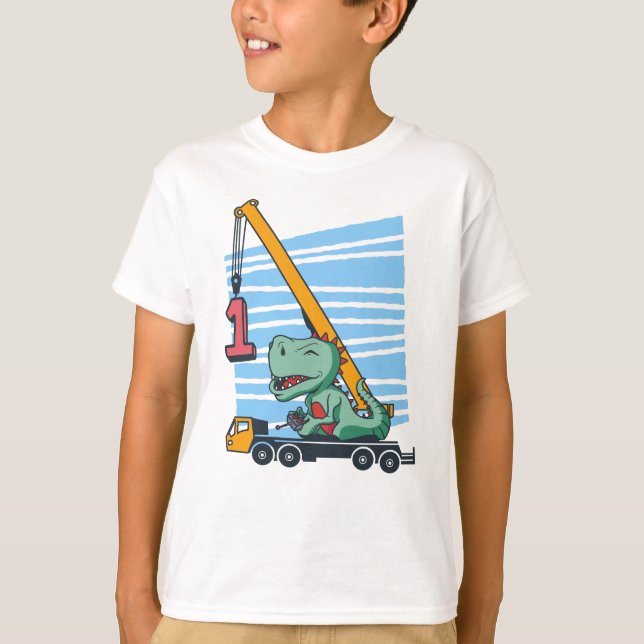 1st Birthday 1 year Mobile Crane Dinosaur T Shirt (Framsida)