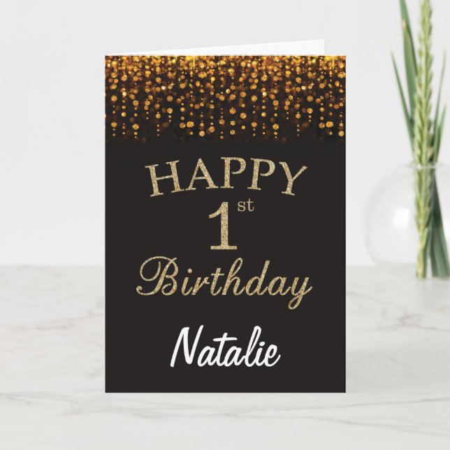 1st Birthday Black and Gold Glitter Card Kort (Framsida)