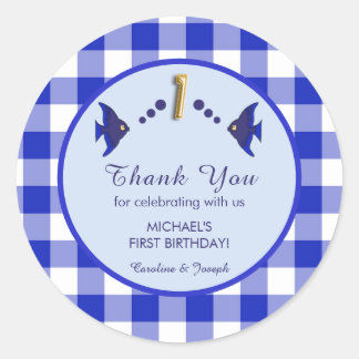 1st Birthday Blue Gingham Fish Thank You Runt Klistermärke