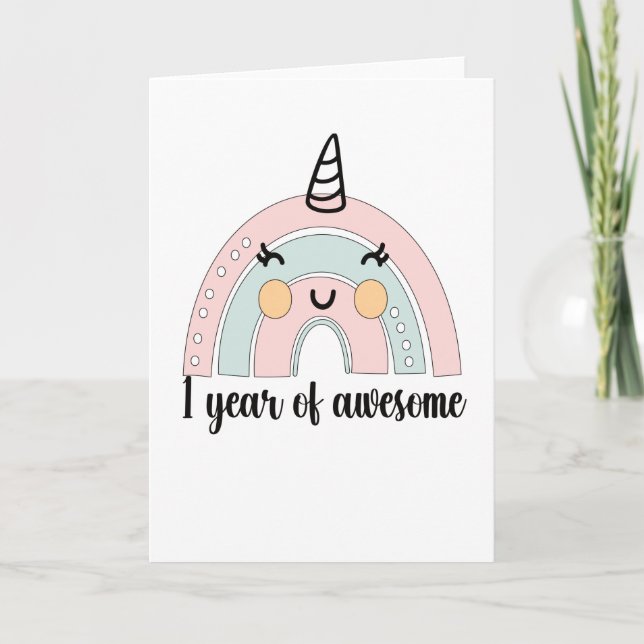 1st Birthday Boho Rainbow 1 Year Old Unicorn Kort (Framsida)