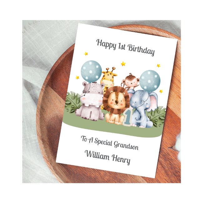 1st Birthday Boy Safari Leaf Animals Card Kort (Skapare uppladdad)