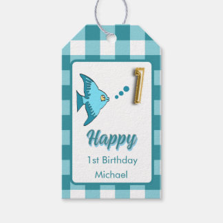 1st Birthday Fish Teal Gingham Party Favor Presentetikett