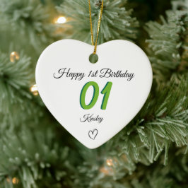 1st Birthday green Shadow Monogram heart baby Julgransprydnad Keramik