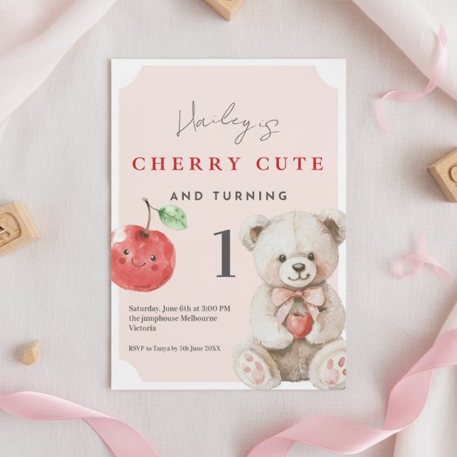 1st Birthday Invitation Cherry Cute Teddy Theme Inbjudningar (Cherry cute teddy 1st birthday invitation with fruit theme and pink watercolor accents)