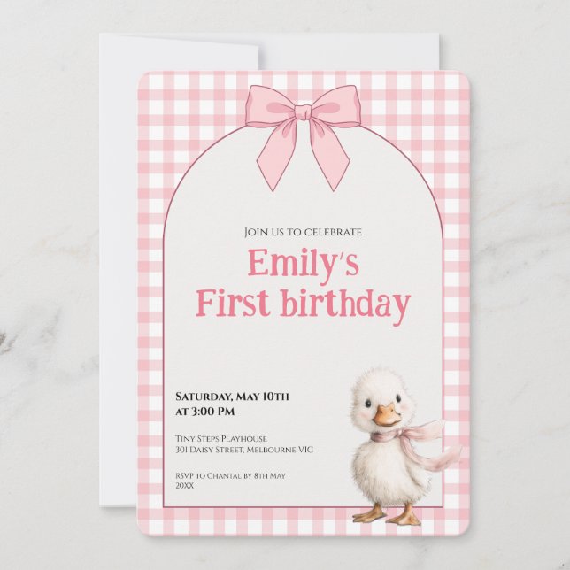1st Birthday Invitation Gingham Duck Theme Kaart Inbjudningar (Framsida)