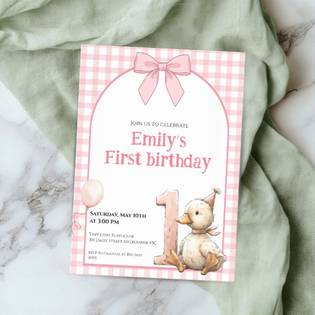 1st Birthday Invitation Gingham Duck Theme Kaart Inbjudningar (Skapare uppladdad)