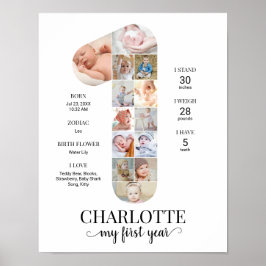 1st Birthday Number 1 Milestone Baby Photo Collage Poster