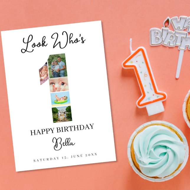 1st Birthday Photo Collage Custom Number 1  Kort (Skapare uppladdad)