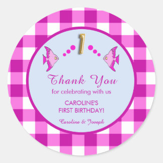 1st Birthday Pink Gingham Fish Thank You Runt Klistermärke