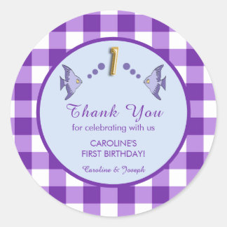 1st Birthday Purple Gingham Fish Thank You Runt Klistermärke