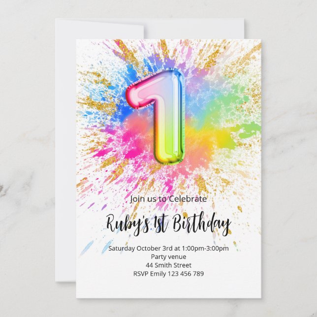 1st Birthday Rainbow Paint Splash Invitation Inbjudningar (Framsida)