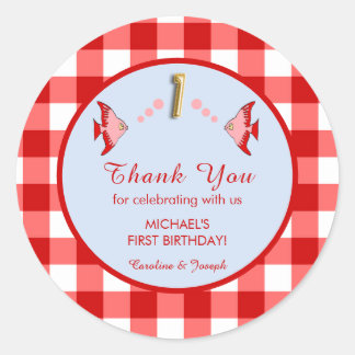 1st Birthday Red Gingham Fish Thank You Runt Klistermärke