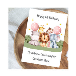 1st Birthday Safari Leaf Animals Card Kort