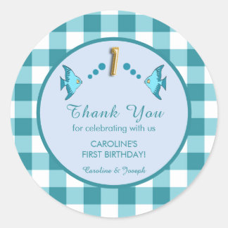 1st Birthday Teal Blue Gingham Fish Thank You Runt Klistermärke