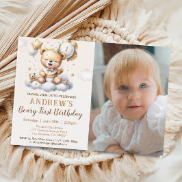 1st Birthday Teddy Bear with Brown Balloons Inbjudningar