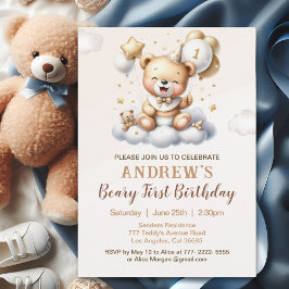 1st Birthday Teddy Bear with Brown Balloons Inbjudningar