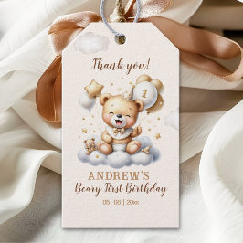 1st Birthday Teddy Bear with Brown Balloons Presentetikett