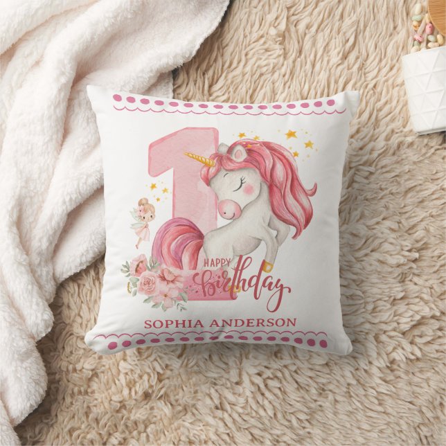 1st Birthday Unicorn Pink Little Girl  Kudde (Filt)