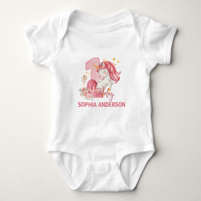 1st Birthday Unicorn Pink Little Girl  T Shirt (Framsida)