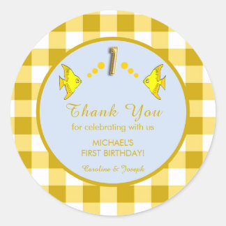 1st Birthday Yellow Gingham Fish Thank You Runt Klistermärke