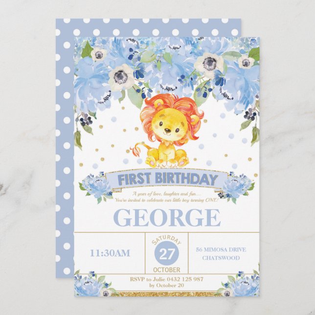 1st Blommigt för blått för födelsedaginbjudanpojke Inbjudningar (Fram/baksida)