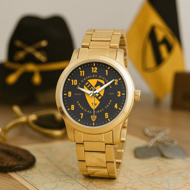 1st Cavalry Division Veteran Personlig  Armbandsur (1st Cavalry Division Veteran Personalized Gold Stainless Steel Watch)