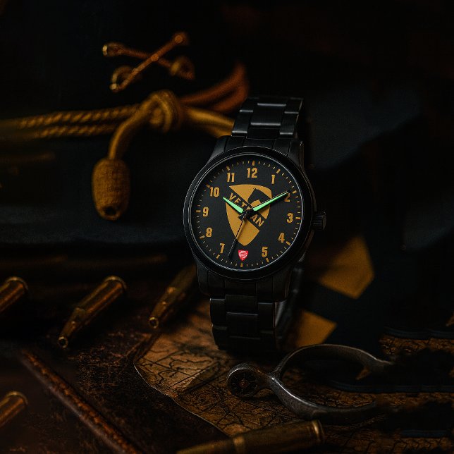 1st Cavalry Division Veteran Svart Armbandsur (1st Cavalry Division Black Stainless Steel Wristwatch)
