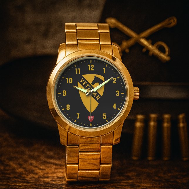 1st Cavalry Division Veteran Svart Armbandsur (1st Cavalry Division "First Team" Veteran Stainless Steel Wristwatch )